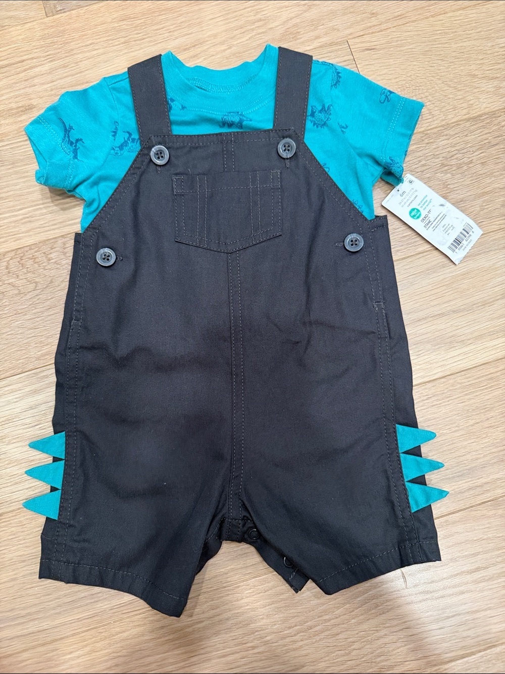 Carter's Black Short Overalls with Teal Dino Tee
